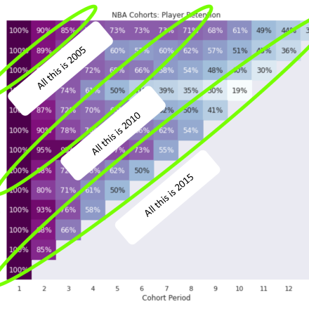 Showing how to read a cohort analysis heatmap year over year for a group